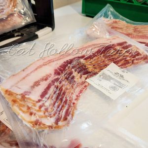 Cured bacon in a clear plastic package