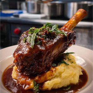 Lamb Fore Shank on a plate of mashed potatoes.