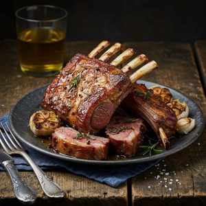 Rack of lamb grilled and set on a black plate